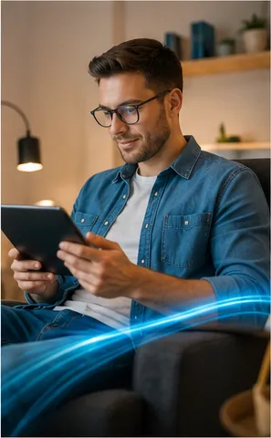 Muž v obývacím pokoji pracuje na tabletu